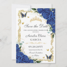 Elegant Quinceñera Royal Blue Floral Vintag Gold Save The Date