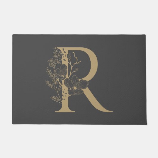 Elegant R Boho Floral Monogram Initial Gray Gold Fußmatte (Vorderseite)
