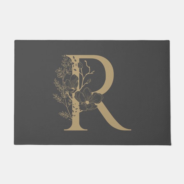 Elegant R Boho Floral Monogram Initial Gray Gold Fußmatte (Vorderseite)