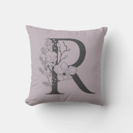 Elegant R Boho Floral Monogram Initial Lilac Gray Kissen