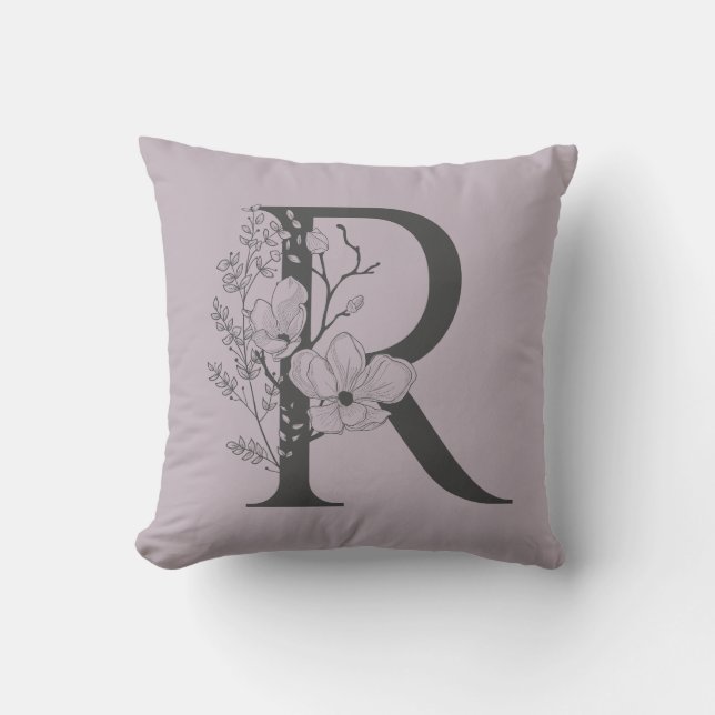 Elegant R Boho Floral Monogram Initial Lilac Gray Kissen (Vorderseite)