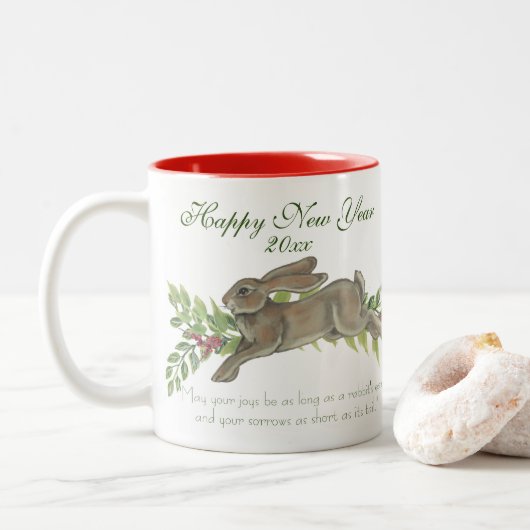 Elegant Rabbit Bunny Green New Year Wish, Date Zweifarbige Tasse (Mit Donut)