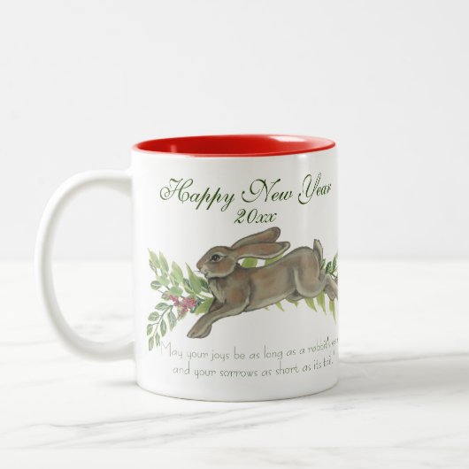 Elegant Rabbit Bunny Green New Year Wish, Date Zweifarbige Tasse (Links)