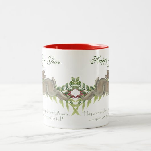 Elegant Rabbit Bunny Green New Year Wish, Date Zweifarbige Tasse (Mittel)