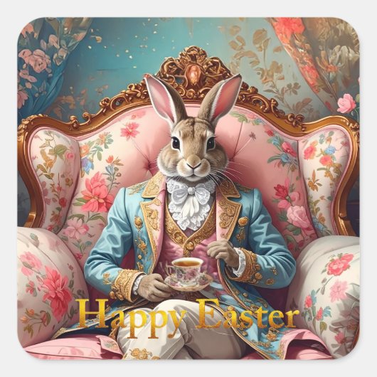 Elegant rabbit Drinking Tea Happy Easter Quadratischer Aufkleber (Vorderseite)