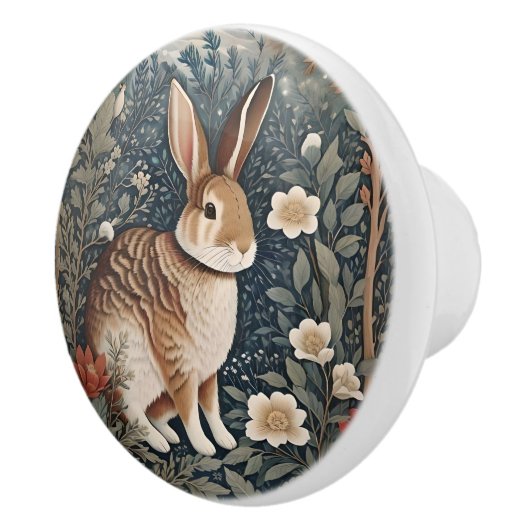 Elegant Rabbit Framed By Flowers and Leaves Keramikknauf (Rechts)