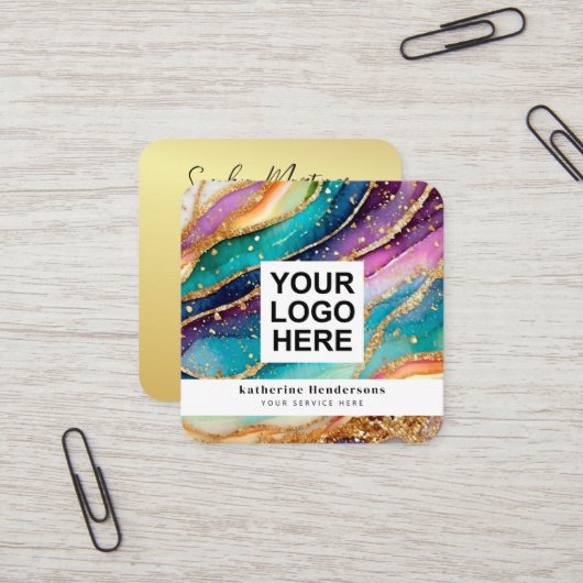 Elegant Rainbow Agate gold Glitter & QR Code Logo Quadratische Visitenkarte (Vorderseite/Rückseite Beispiel)