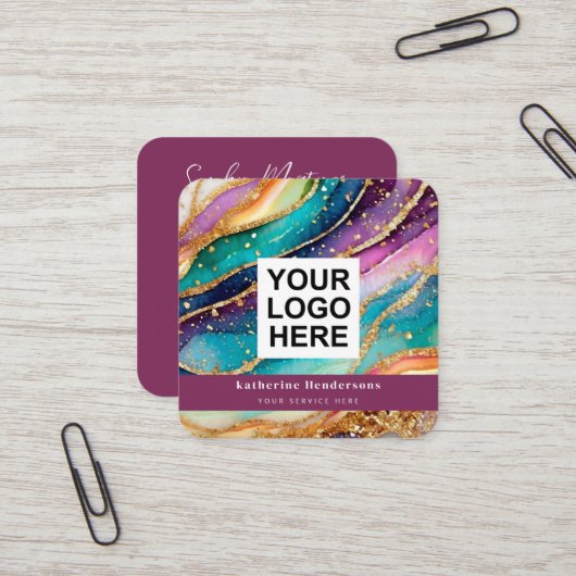 Elegant Rainbow Agate gold Glitter & QR Code Logo Quadratische Visitenkarte (Vorderseite/Rückseite Beispiel)