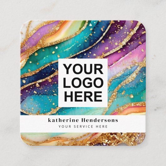 Elegant Rainbow Agate gold Glitter & QR Code Logo Quadratische Visitenkarte (Vorderseite)