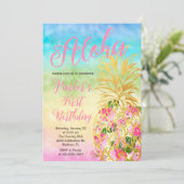 Elegant Rainbow Aloha Pineaple Erster Geburtstag Einladung (Stehend Vorderseite)