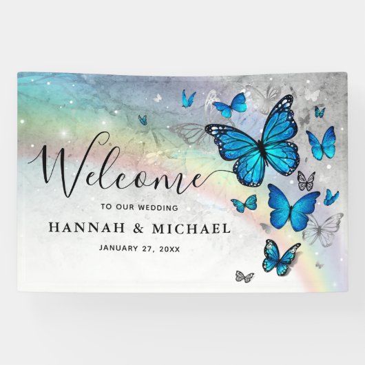 Elegant Rainbow Blue Butterfly Wedding Willkommen Banner (Horizontal)