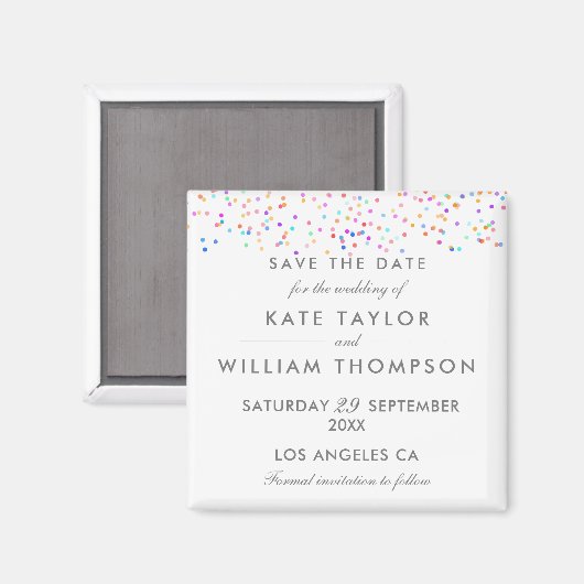 Elegant Rainbow Confetti Save the Date Magnet (Vorderseite/Rückseite)