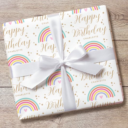Elegant Rainbow Heart Happy Birthday Name Geschenkpapier