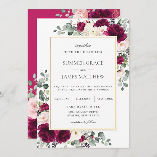 Elegant Raspberry Blush Pink Elfenbeinblütenhochze Einladung (Vorne/Hinten)