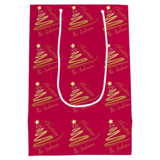 Elegant Raspberry Red Gold Foil Christmas Tree Mittlere Geschenktüte (Rückseite)