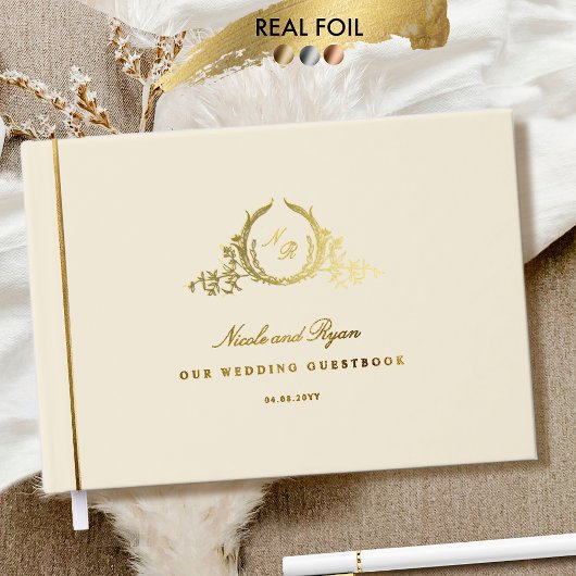 Elegant Real Foil Champagne Monogram Wedding Gästebuch