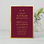 Elegant Real Gold dick Border Burgundy Wedding Folieneinladung (Stehend vorne)