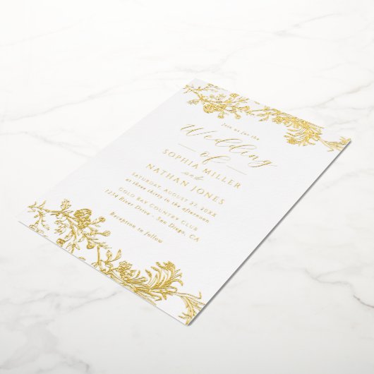Elegant Real Gold Foil Bloral Schnappschuss Hochze Folieneinladung (Gedreht)