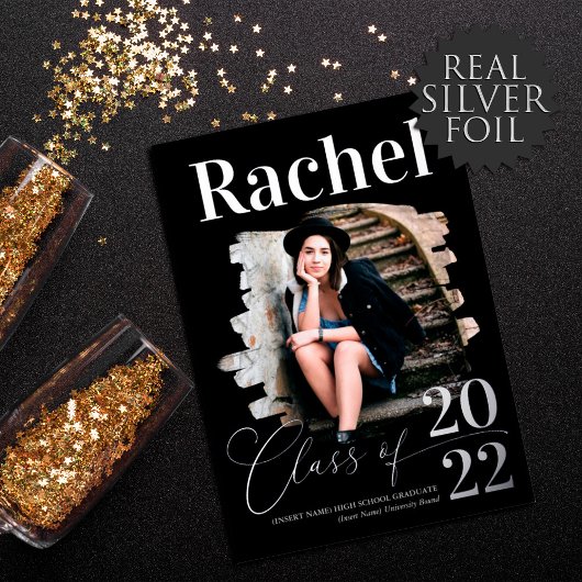 Elegant Real Silver Typografy Class of Abschluss Folieneinladung