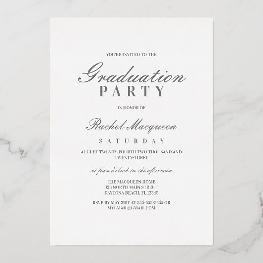 Elegant Real Silver Typografy Class of Abschluss Folieneinladung (Rückseite)