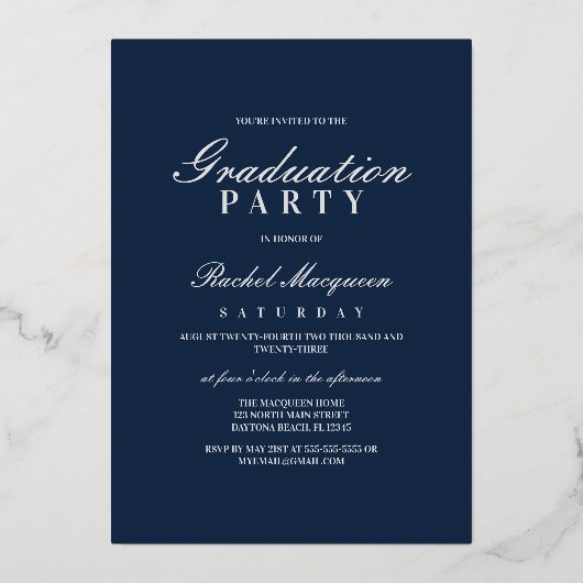 Elegant Real Silver Typografy Class of Abschluss Folieneinladung (Rückseite)