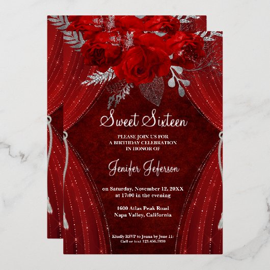 Elegant red 16 . Geburtstag Einladung (Vorderseite/Rückseite)