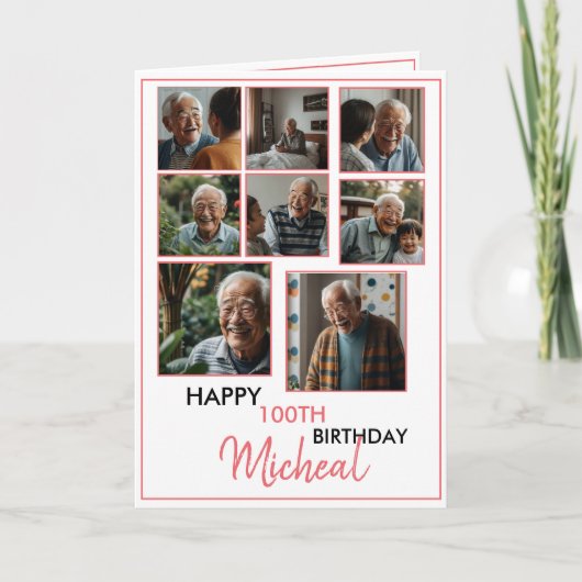 Elegant Red 8 Foto Collage 100. Geburtstag Karte (Vorderseite)