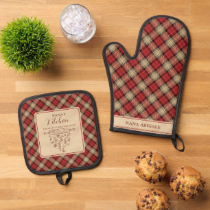 Elegant Red and Beige Tartan Kariert Nana's Kitche Ofenhandschuh & Topflappen-Set