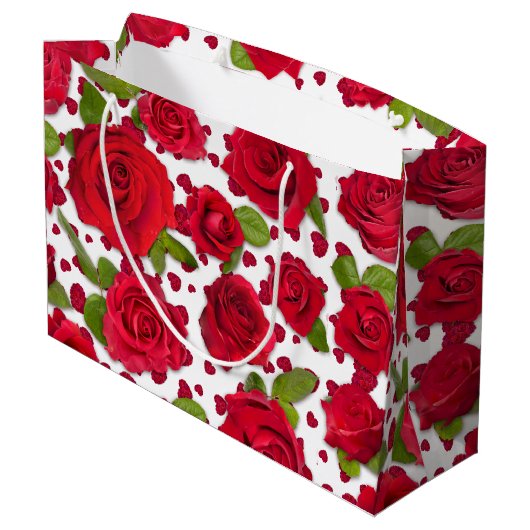 Elegant Red And Dark Pink Floral Roses Pattern Große Geschenktüte (Rückseite Schrägansicht)
