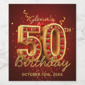 Elegant Red and Gold 50th Milestone Birthday Weinetikett (Einzelnes Label)