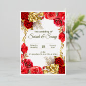 Elegant Red and Gold Floral Wedding Invitation Car Folieneinladung (Stehend vorne)