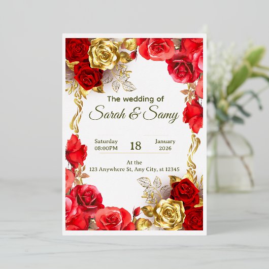 Elegant Red and Gold Floral Wedding Invitation Car Folieneinladung (Stehend vorne)