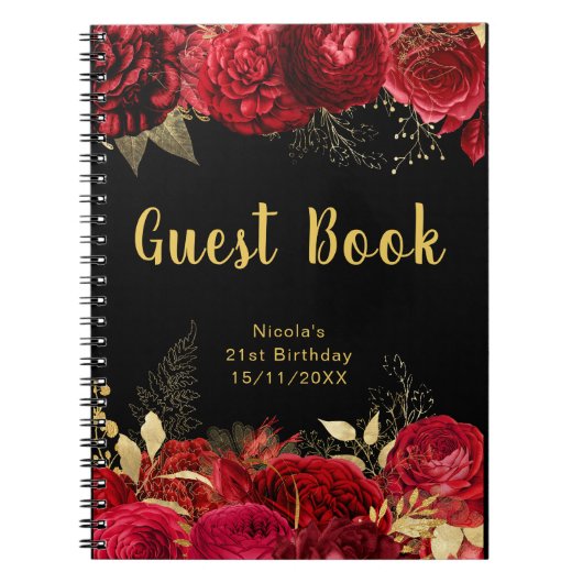 Elegant Red and Gold Flowers Birthday Guest Book Notizblock (Vorderseite)