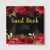 Elegant Red and Gold Flowers Birthday Party Gästebuch (Vorderseite)