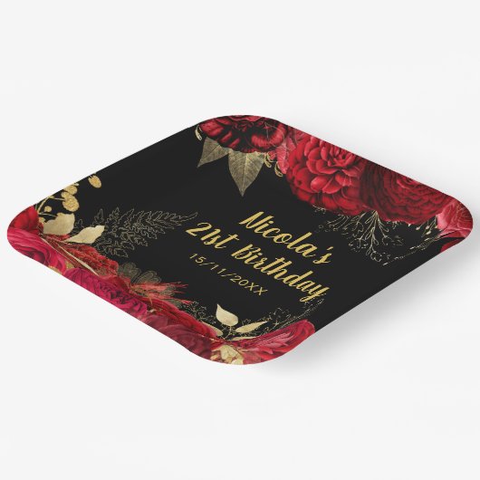 Elegant Red and Gold Flowers Birthday Party Pappteller (Gewinkelt)