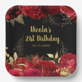 Elegant Red and Gold Flowers Birthday Party Pappteller (Vorderseite)