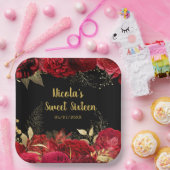 Elegant Red and Gold Flowers Sweet Sixteen  Pappteller (Party)