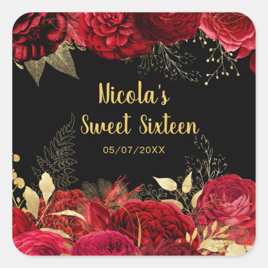 Elegant Red and Gold Flowers Sweet Sixteen Quadratischer Aufkleber (Vorderseite)