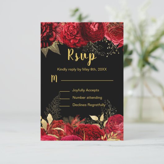 Elegant Red and Gold Flowers Sweet Sixteen RSVP Karte (Stehend Vorderseite)