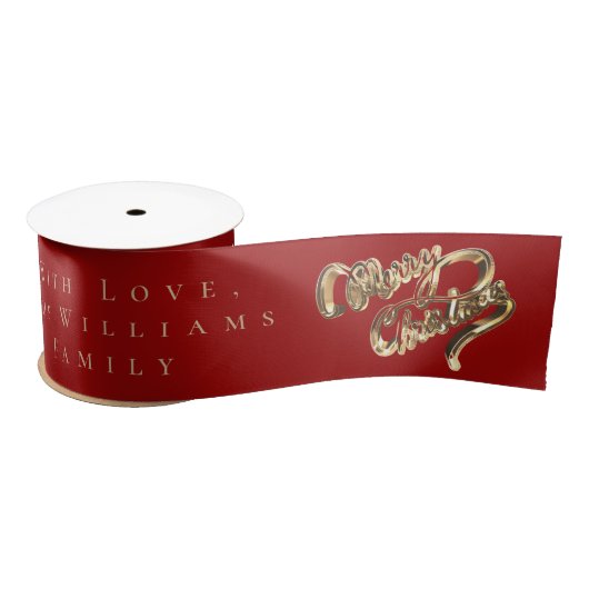 Elegant Red and Gold Look Script Frohe Weihnachten Satinband (Spule)