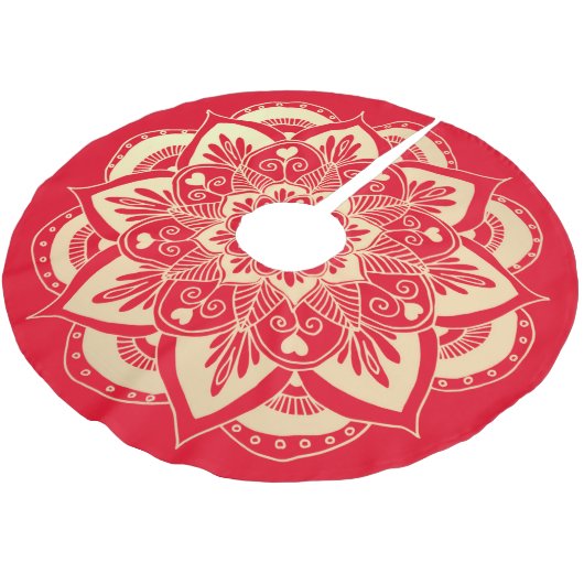 Elegant Red and Gold Mandala Boho Weihnachten Polyester Weihnachtsbaumdecke (Schrägansicht)