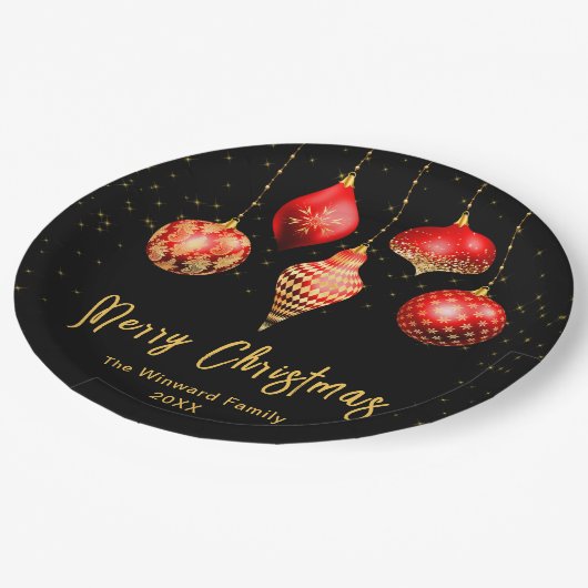 Elegant Red and Gold Ornament Christmas Pappteller (Schrägansicht)