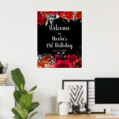 Elegant Red and Silver Flowers Birthday Part Poster (Heimbüro)