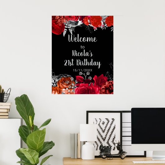 Elegant Red and Silver Flowers Birthday Part Poster (Heimbüro)