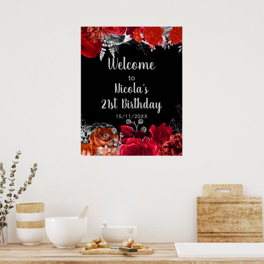 Elegant Red and Silver Flowers Birthday Part Poster (Küche)