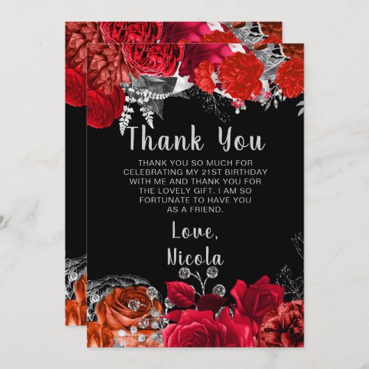 Elegant Red and Silver Flowers Birthday Party Dankeskarte (Vorne/Hinten)