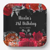 Elegant Red and Silver Flowers Birthday Party Pappteller (Vorderseite)