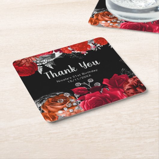 Elegant Red and Silver Flowers Birthday Party Rechteckiger Pappuntersetzer (angewinkelt)