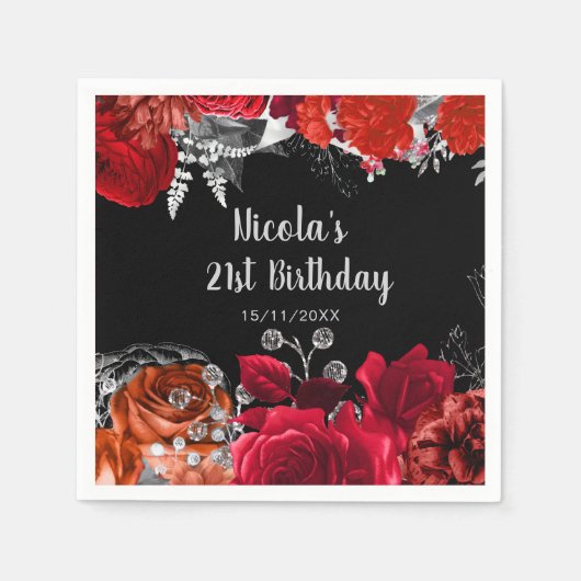 Elegant Red and Silver Flowers Birthday Party Serviette (Vorderseite)