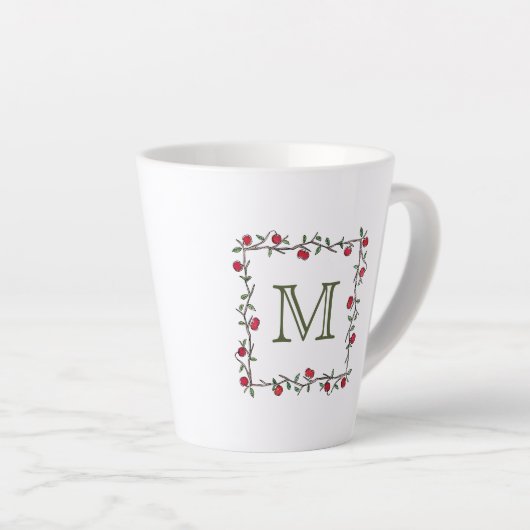 Elegant Red Apple Vine Black Monogram Initial Milchtasse (Rechte Ecke)